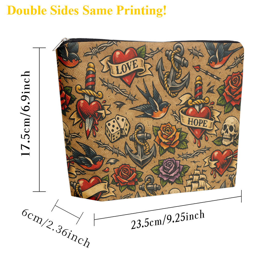 TEMU Makeup Bag 1pc, Tattoo Style With Elements Cosmetic Bag With Zipper Closure, Large Capacity Toiletry Pouch, Cute Fashion Wallet Portable Storage