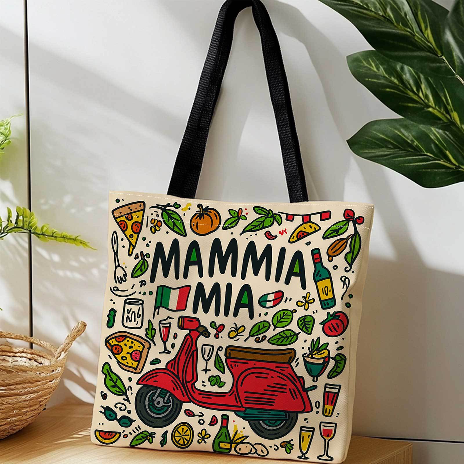TEMU 1pc Italian-themed Tote Bag Suitable For Fashion, Double-sided Motorbike Pizza Wine Print Foldable Reusable Shoulder Bag, Lightweight Travel Bag