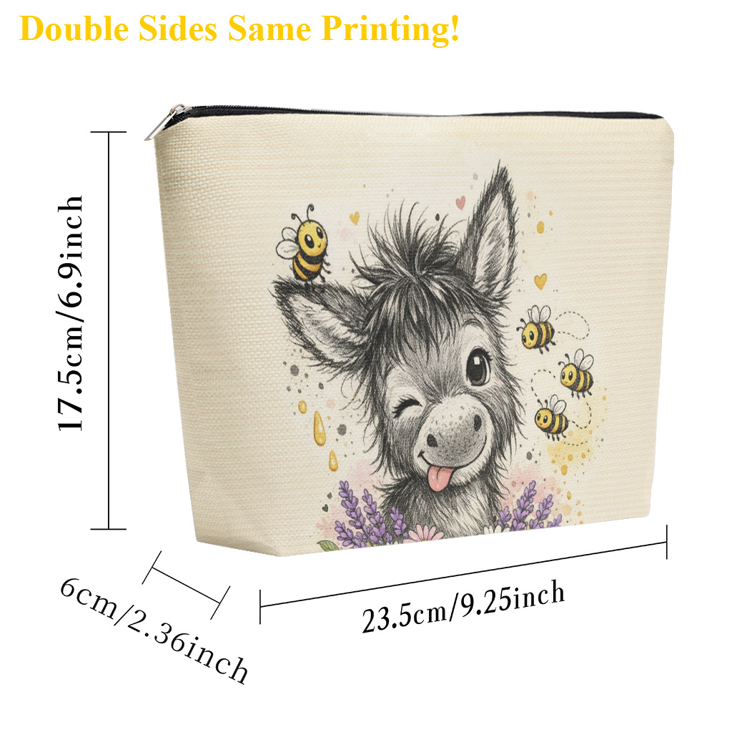 TEMU Makeup Bag 1pc, Adorable Donkey And Bees Cosmetic Bag With Zipper Closure, Large Capacity Toiletry Pouch, Cute Fashion Wallet Portable Storage