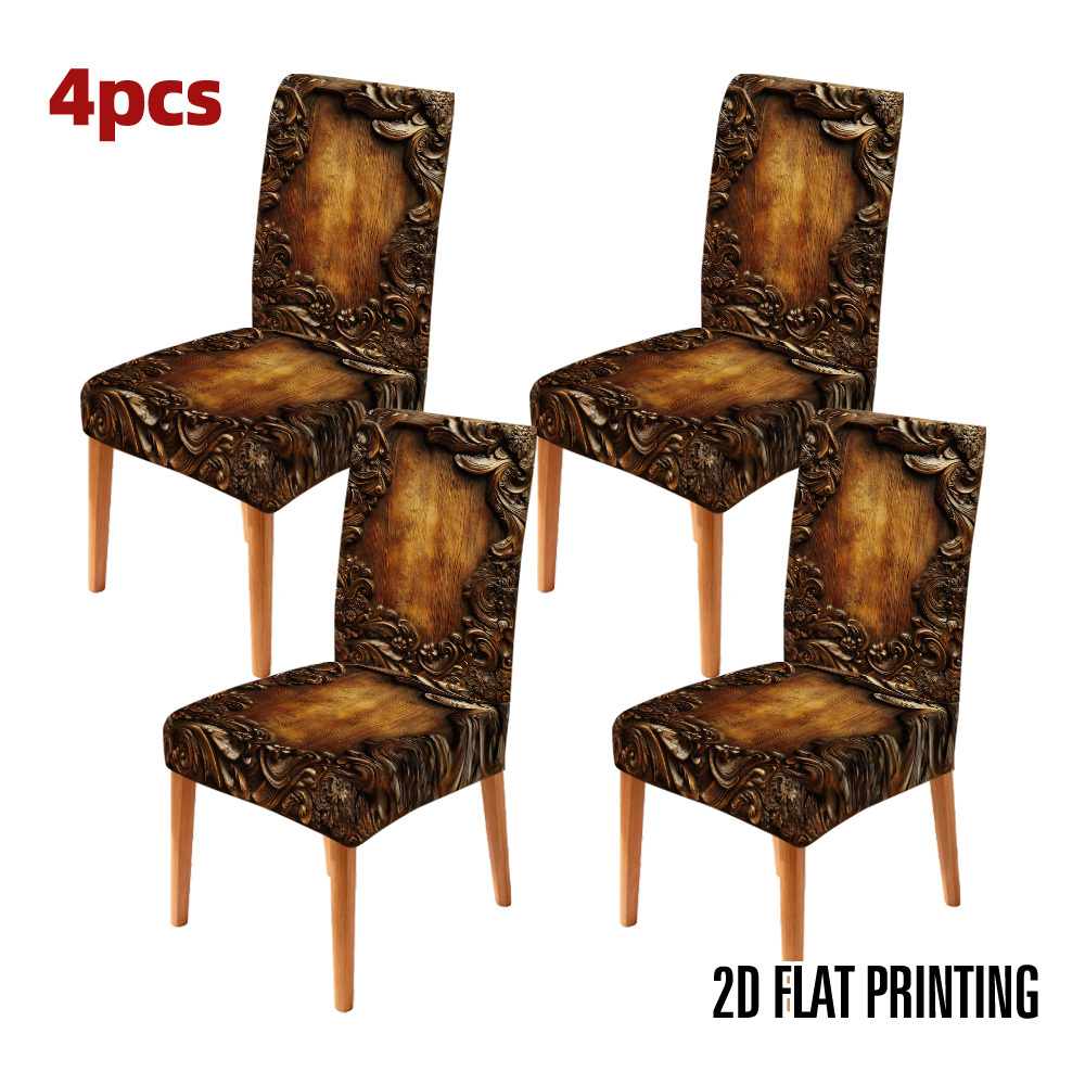 TEMU (2d Flat Printing) 4/5/6/7pcs Ornate Carved Wood Frame Backdrop Chair Cover And Tablecloth Set, Easy , Fits Restaurant Decor, Parties, Kitchen,
