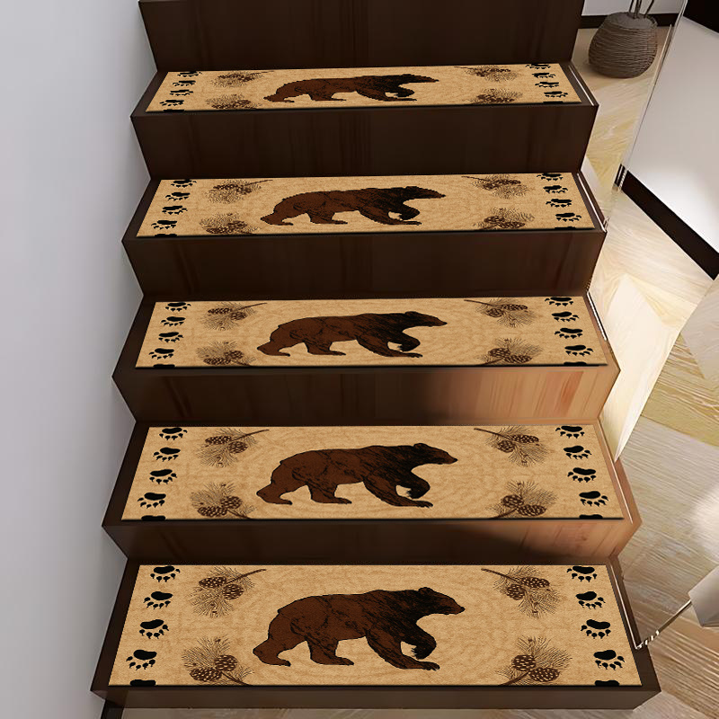TEMU 8" X 30" Diatomite Non-slip Stair Treads, Vintage American-style Forest Bear Indoor Wooden Stair Step Mats, Noise-reducing Safe Pads For Elderly