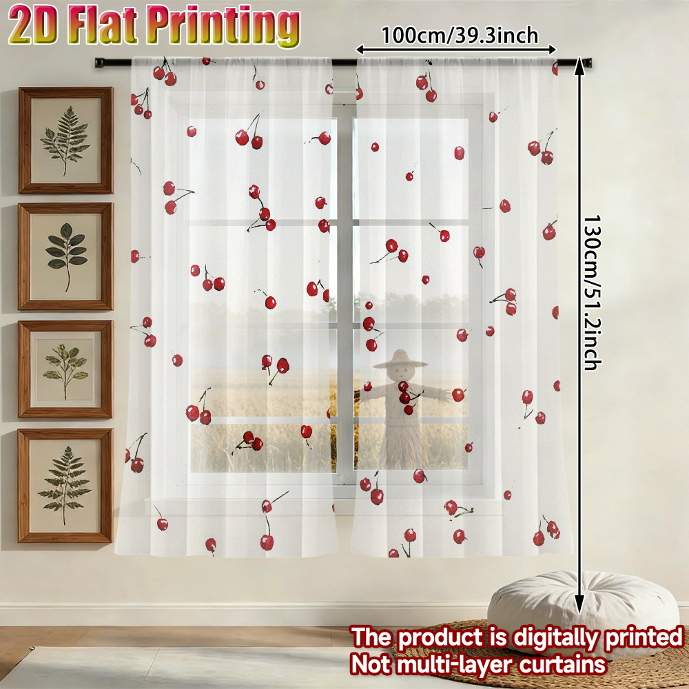 TEMU Plat 2D, Impression Plate 2D, 2pcs Scattered Cherry Delight_2 Rideaux Voilages Semi-Transparents d'Intimité, Mousseline de Chiffon en Polyester,