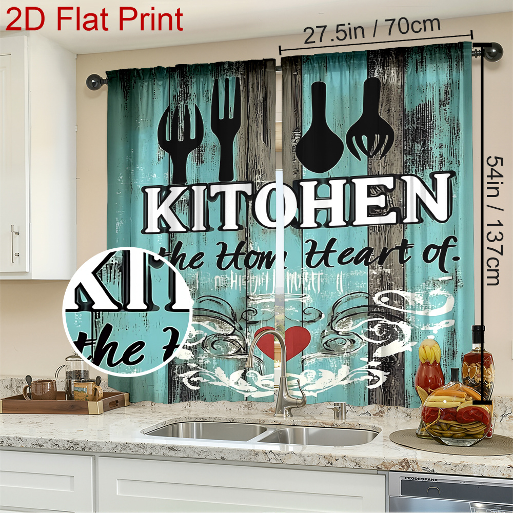 TEMU 1pc/2pcs Set Kitchen Printed Curtains A Kitchen Utensil Pattern With A Wooden Background. Blackout Curtain Panels Living Room, Bedroom, Office