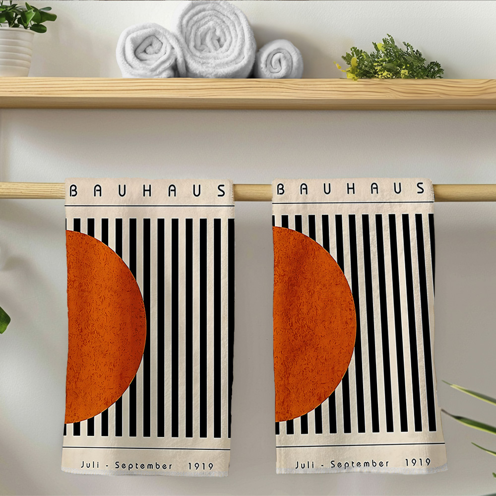 TEMU 2pcs Set, Geometric Art Dish Towels And Kitchen Towels, Featuring A Geometric Collision Of Black Vertical Stripes And Orange Semicircles. With