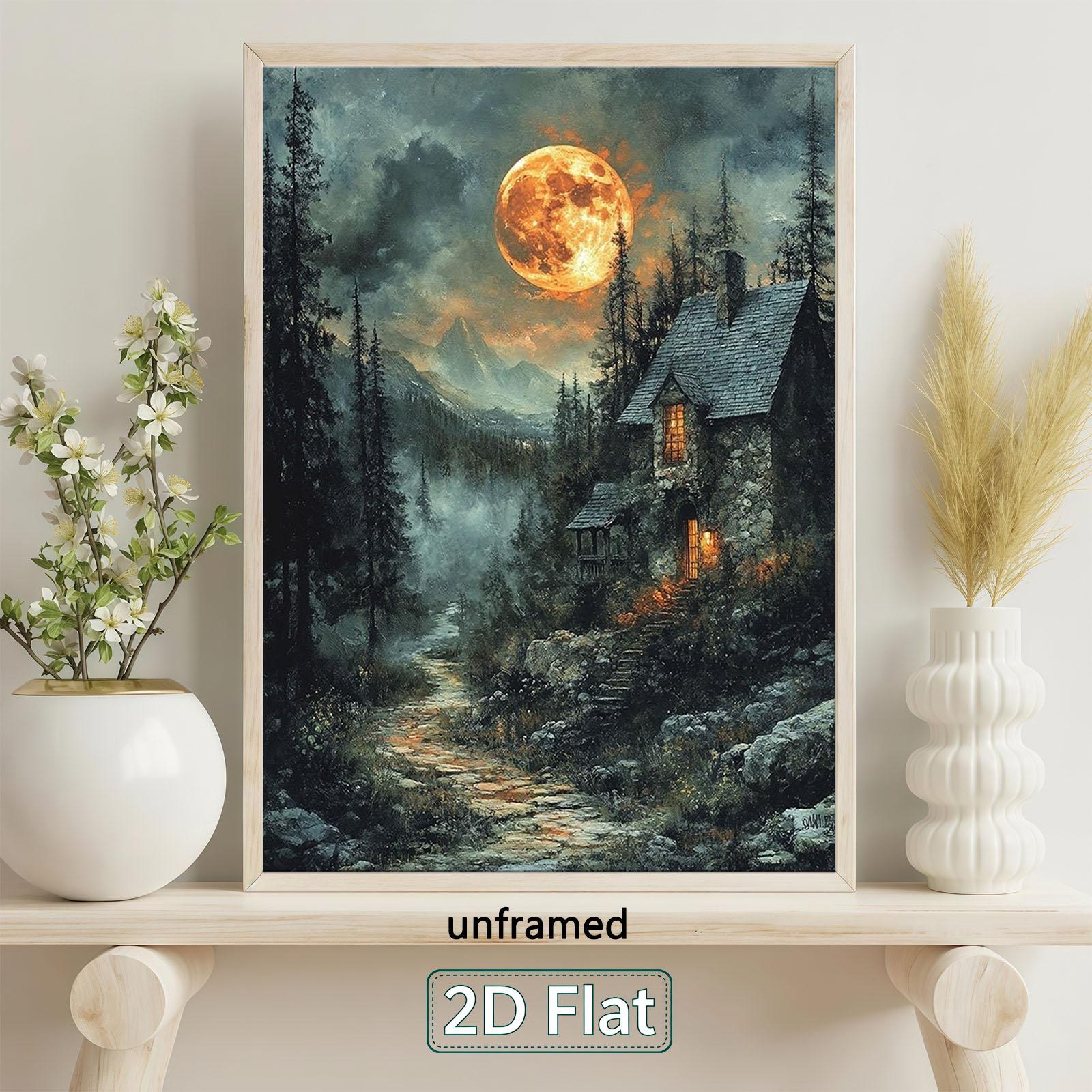 2d-flach,  . rahmenloses rustikales  -wandkunst-poster – verzauberter mondbeschienener wald,   für wohnzimmer, schlafzimmer,  dekor, moderne minimalistische leinwand mit naturmotiv zur verwendung, geschenk für naturliebhaber & zur einweihung, retro-moderner-dekor, 2d-flach