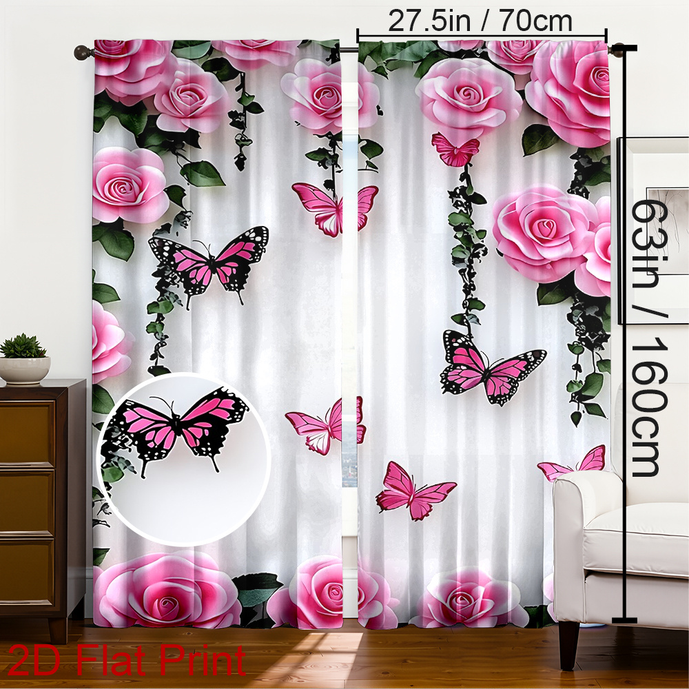 TEMU 1pc/2pcs Set Spring Window Decor Curtains Pink Roses And Butterflies Dance . Blackout Curtain Panels Machine Washable, Ideal For Bedroom, Living