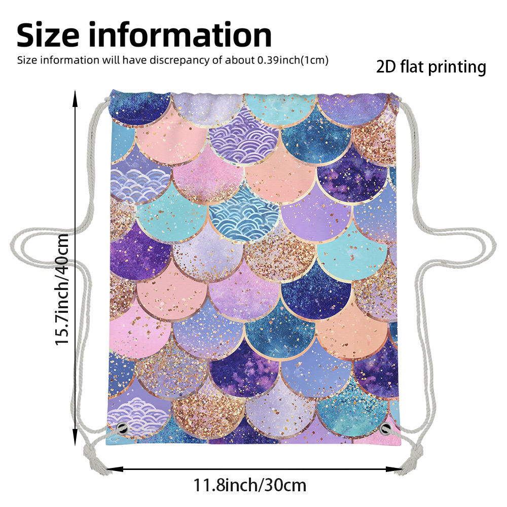 TEMU 1pc A 2d Flat Printed Drawstring Bag With Adjustable Shoulder Straps, Featuring A Vibrant Mermaid Scales Pattern, Ideal For Storing Gear For The