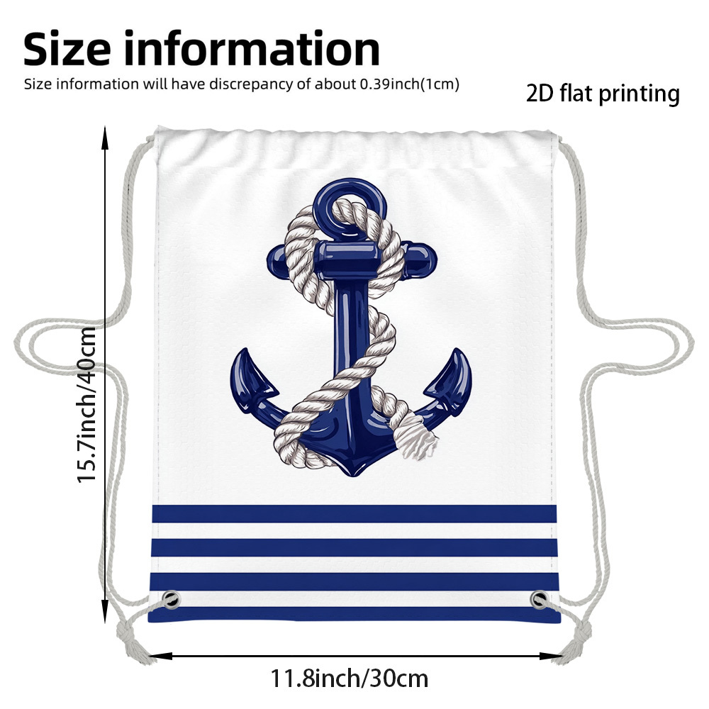 TEMU 1pc 2d Flat Printed Nautical Anchor Drawstring Backpack | Spacious, Sturdy Polyester Fitness Bag With Adjustable Shoulder Strap, Athletic Beach