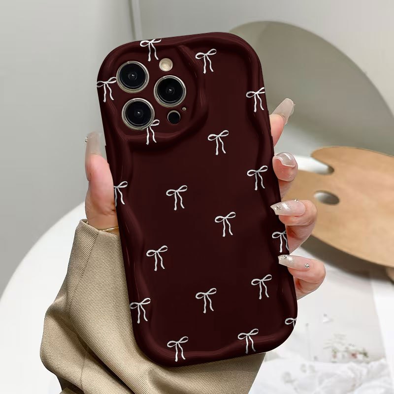 Image of Phone Case - Burgundy Hand-drawn White Bowknot Wavy Edge Full-coverage Drop-proof Case, Independent Buttons Raised Lens Comfortable Grip, Minimalist Gift For , 2d No Bracelet, For Iphone 11-17