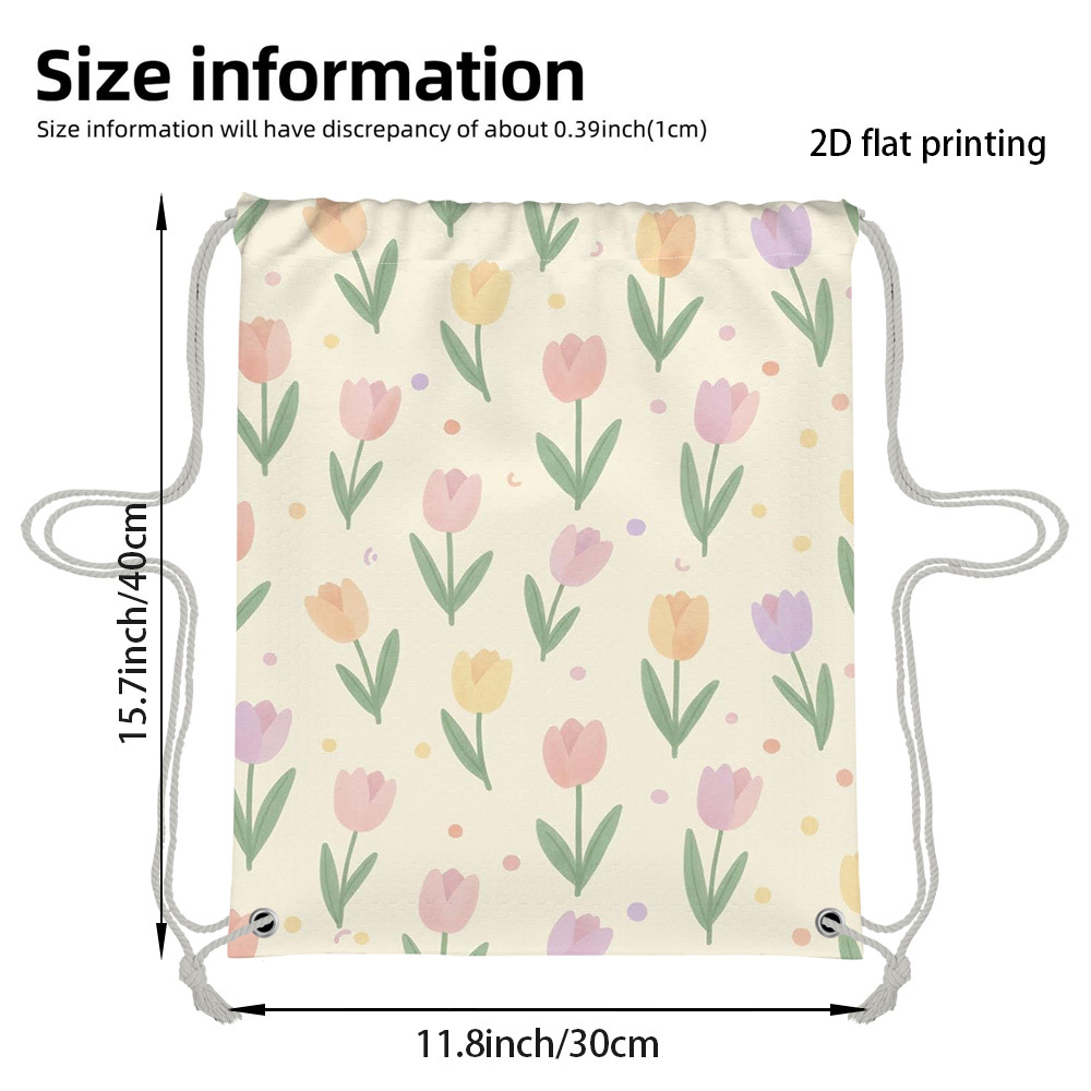 TEMU 1pc 2d Flat Printed A Fashionable Pastel Tulip Floral Pattern Drawstring Backpack Featuring, 2d Flat
