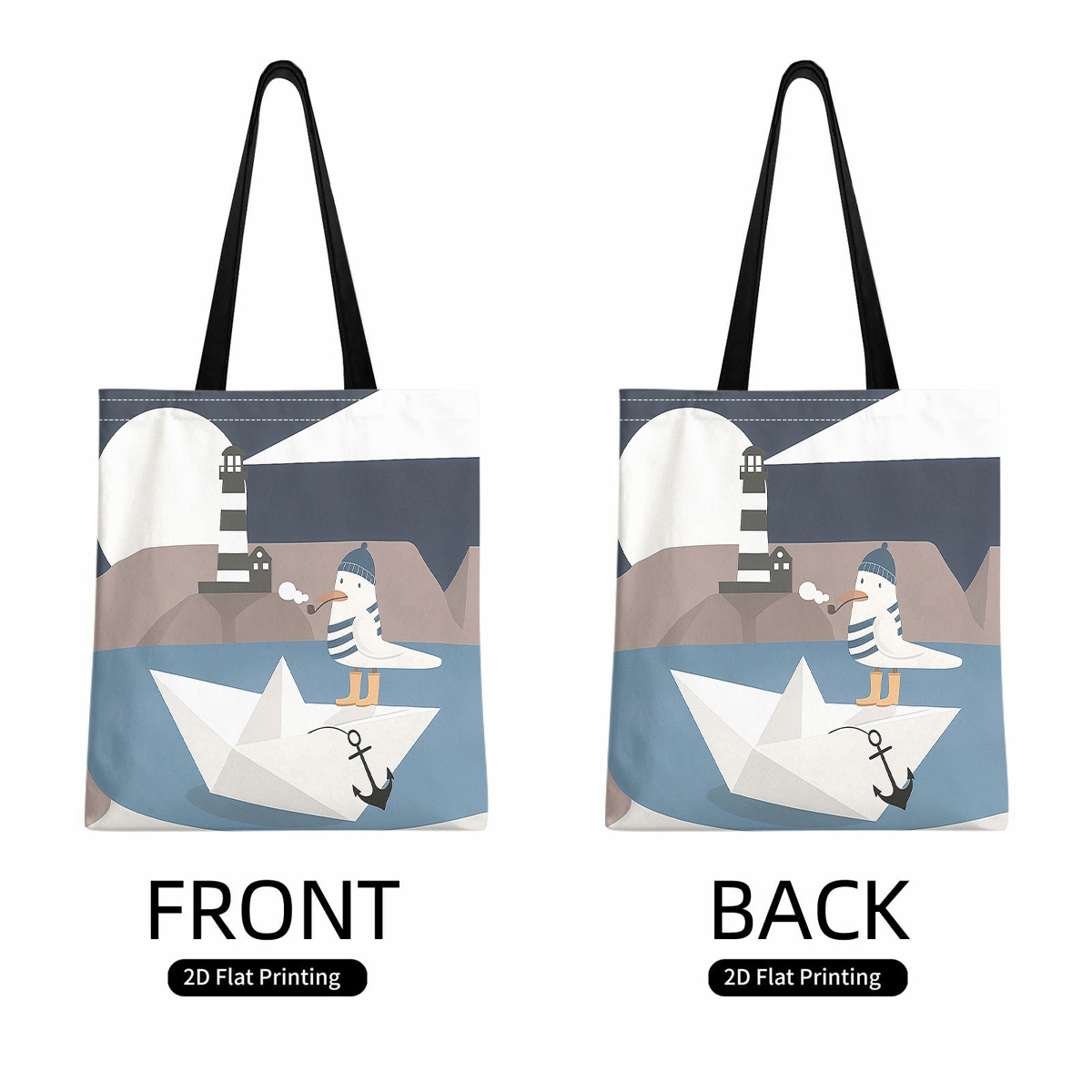 1pc Paper Boat, Lighthouse, Seagull Print Design Tote Bag Reusable Foldable Shoulder Bag Gift For Lovers, Grocery Shopping & Daily