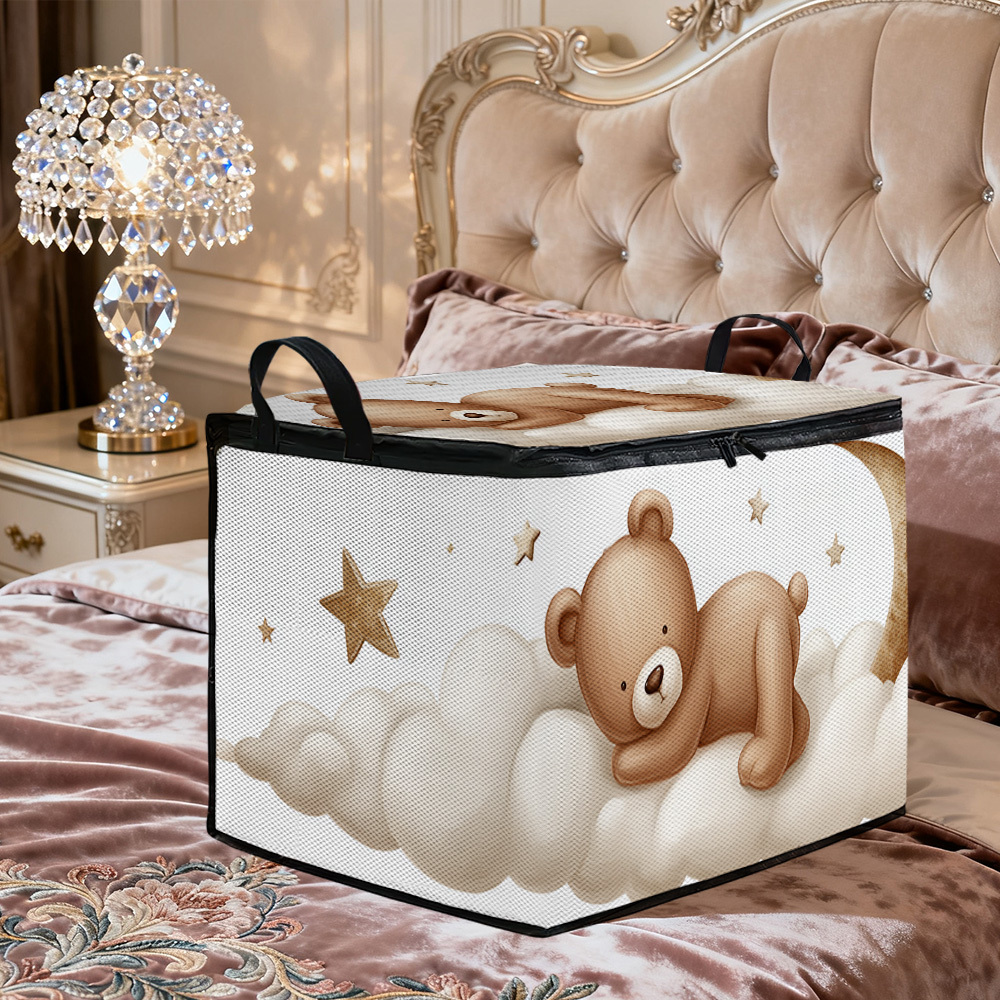 TEMU Large Capacity Foldable Storage Box, Cloud And Print Design, With Soft Fabric Lid And Zipper. Made Of Durable Polyester, Ideal For Storing