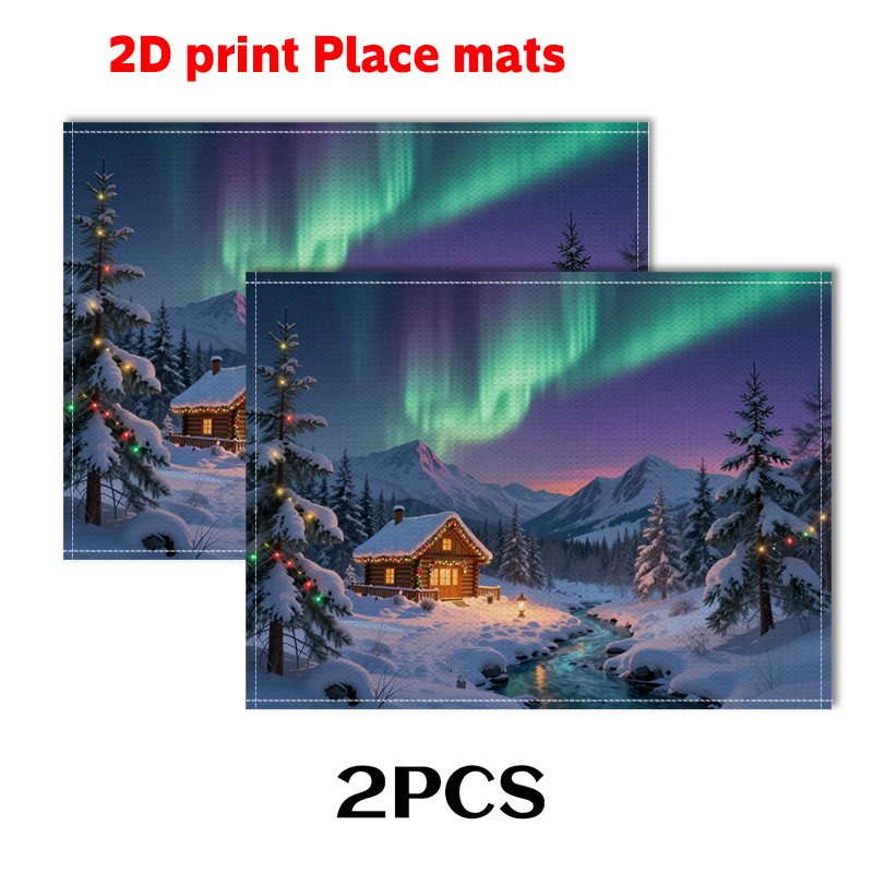 Winter placemats met besneeuwde hut en noorderlicht design_voghion.com