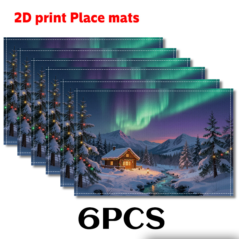 Winter placemats met besneeuwde hut en noorderlicht design_voghion.com