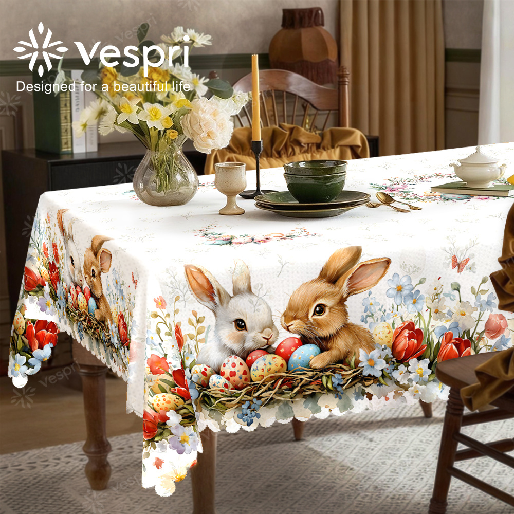 item picture a tablecloth for easter and spring featuring white and red decorations with rabbits colorful eggs and flowers in a traditional style   in round and rectangular shapes suitable for spring and summer dining rooms parties festivals
