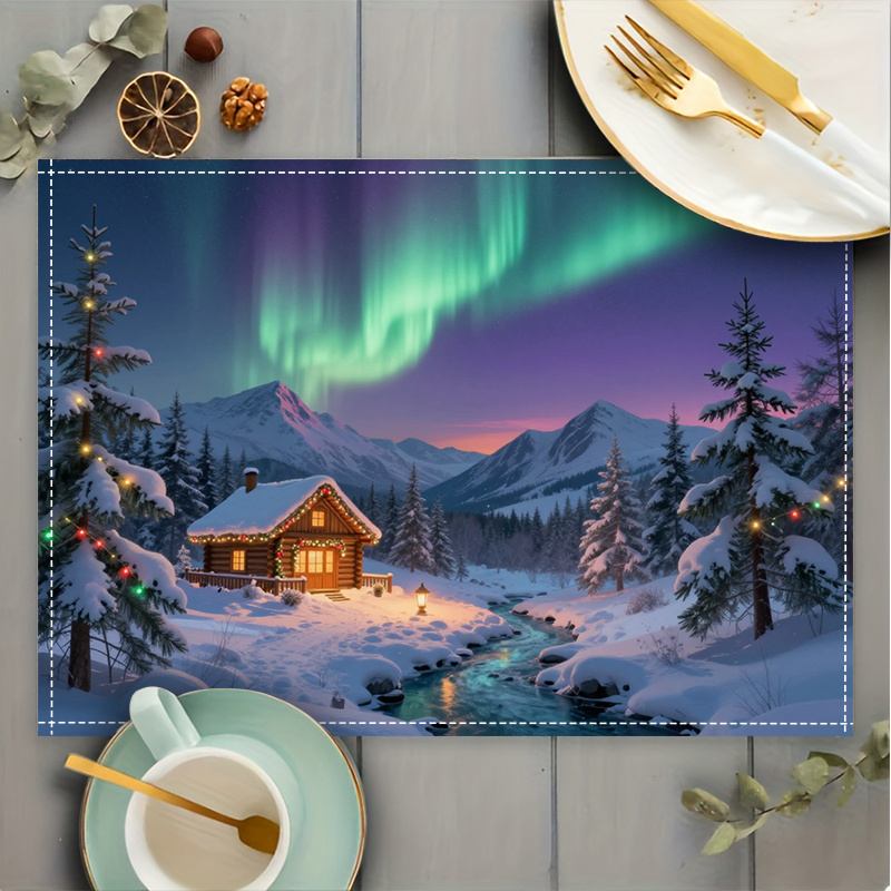 Winter placemats met besneeuwde hut en noorderlicht design_voghion.com