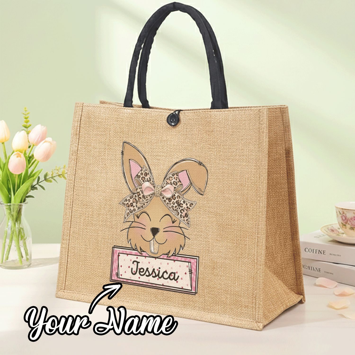TEMU Gift For Her/him Personalized Custom Name Burlap Jute Tote Bag Cute Easter Bunny Leopard Bow Pink Accents Easter Gift Bag Favors Bag For Easter