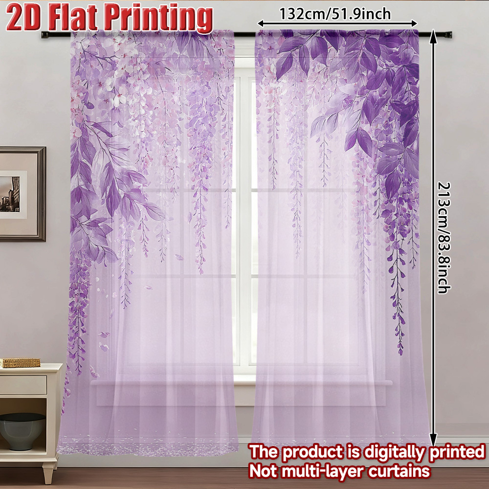 TEMU 2d Flat, 2d Flat Gauze Curtain, 2pcs, Purple Floral Pattern Chiffon Semi Sheer Curtain Festive Decorations/gifts, Tulle Curtains Easy To Hang,