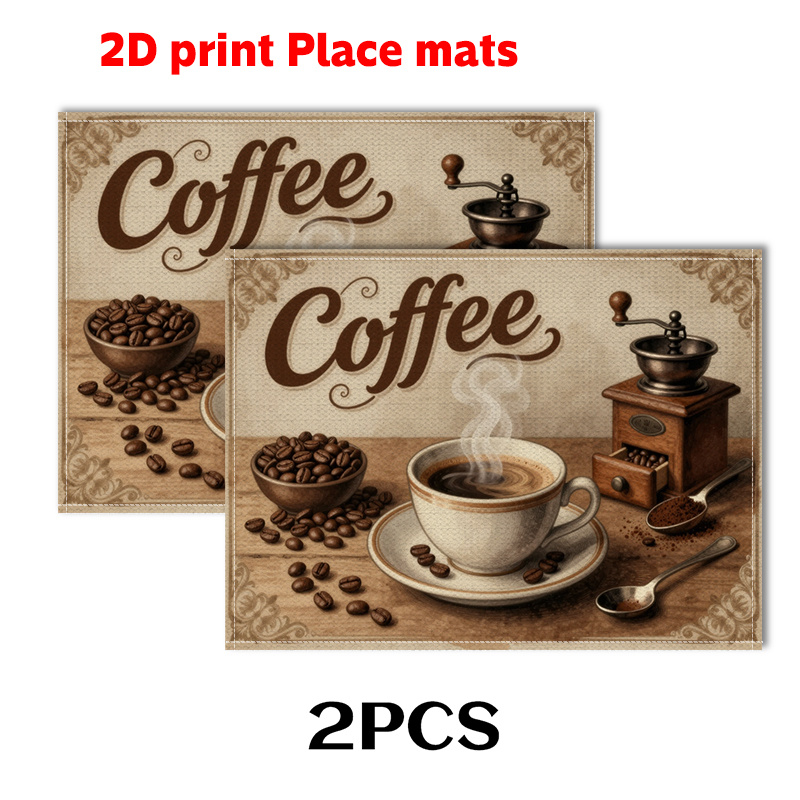 TEMU 1/2/4/6pcs Coffee Placemats Suitable For , Retro Table Mats With Coffee Bean & Cup, Tones, Fabric, Hand Washable Rectangular Dining Decor, For,