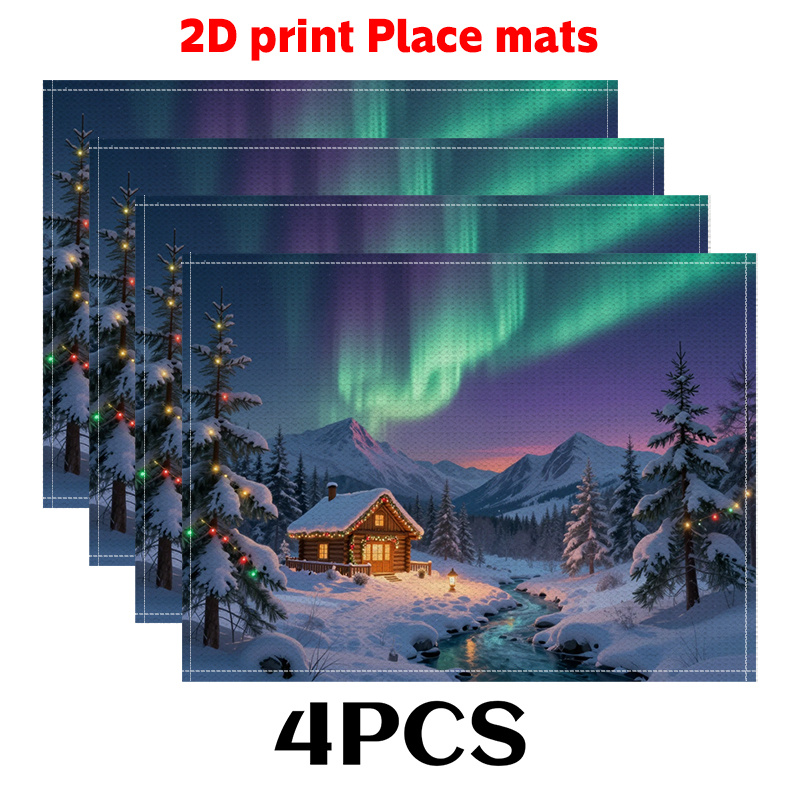 Winter placemats met besneeuwde hut en noorderlicht design_voghion.com