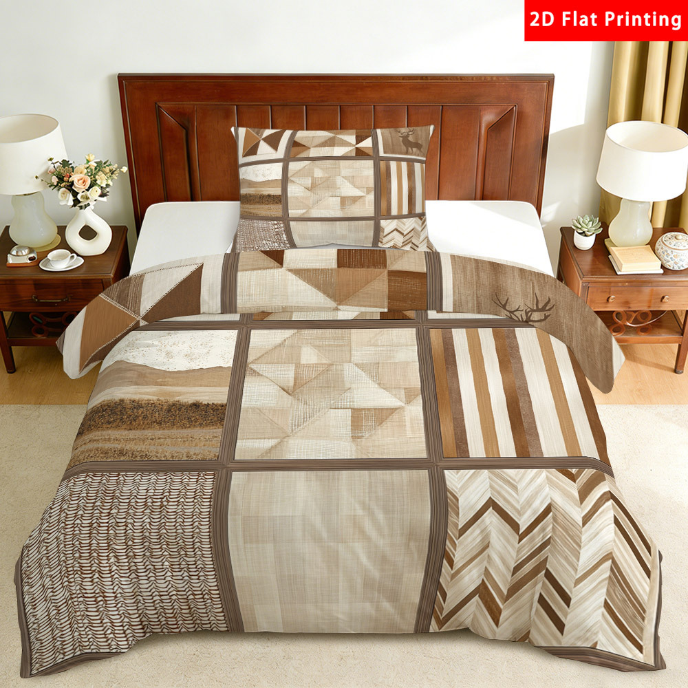 TEMU 2/3pcs 2d Flat Multiple Sizes Geometric Deer Landscape Striped Herringbone Duvet Cover Set Neutral Tone Bedding Neutral Tone Bed Set 1 Duvet
