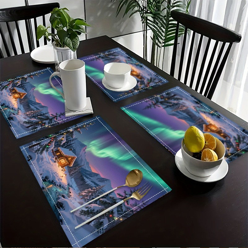 Winter placemats met besneeuwde hut en noorderlicht design_voghion.com