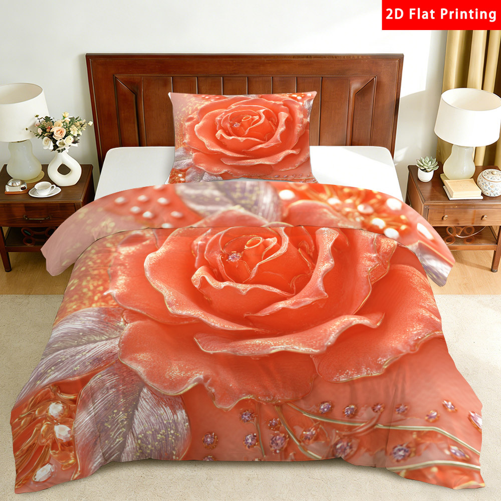 TEMU 2/3pcs 2d Flat Multiple Sizes Rose Duvet Cover Set Orange Elegant Bedding Orange Bed Set 1 Duvet Cover   1/2 Pillowcases Spring Valentine's Day