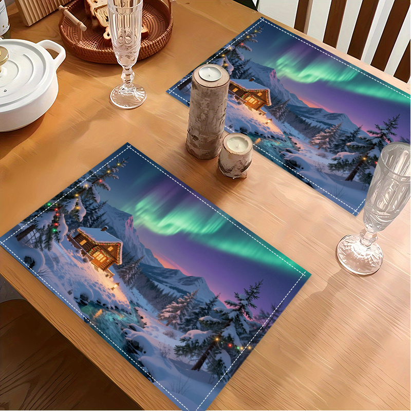 Winter placemats met besneeuwde hut en noorderlicht design_voghion.com