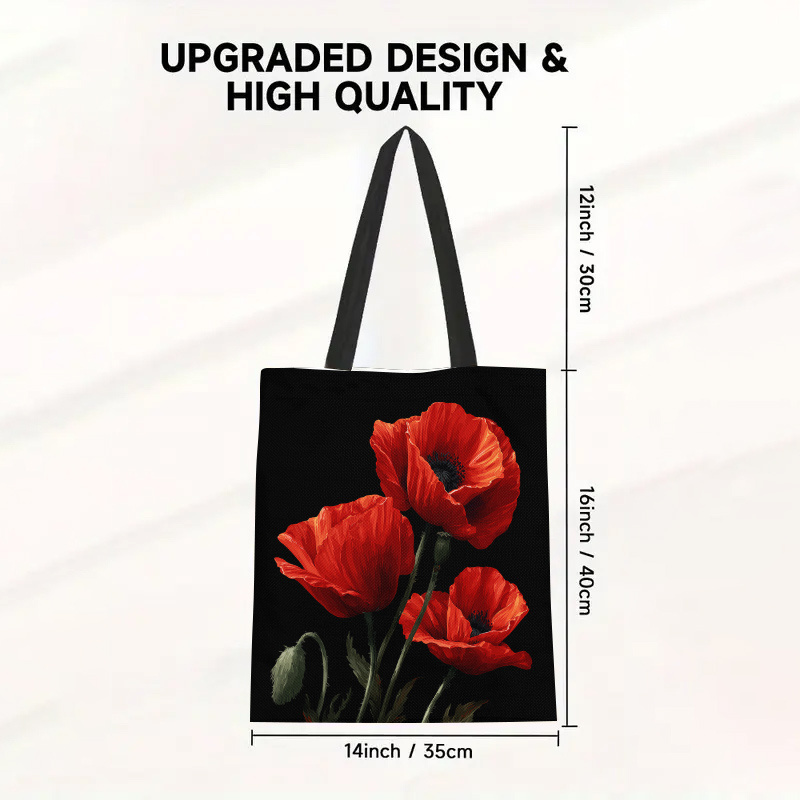 TEMU 1pc Red Poppy Floral Tote Bag, For Summer Beach, Birthday Gift, Everyday Use, Mother's Day
