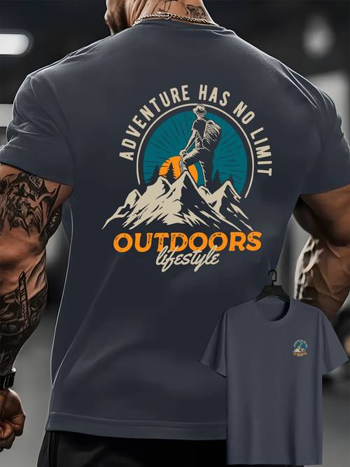 item picture mens outdoor mountain hiker print t shirt summer short sleeve round neck casual tee suitable for wear adventure themed casualwear machine washable