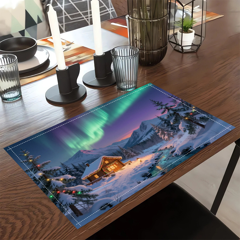 Winter placemats met besneeuwde hut en noorderlicht design_voghion.com