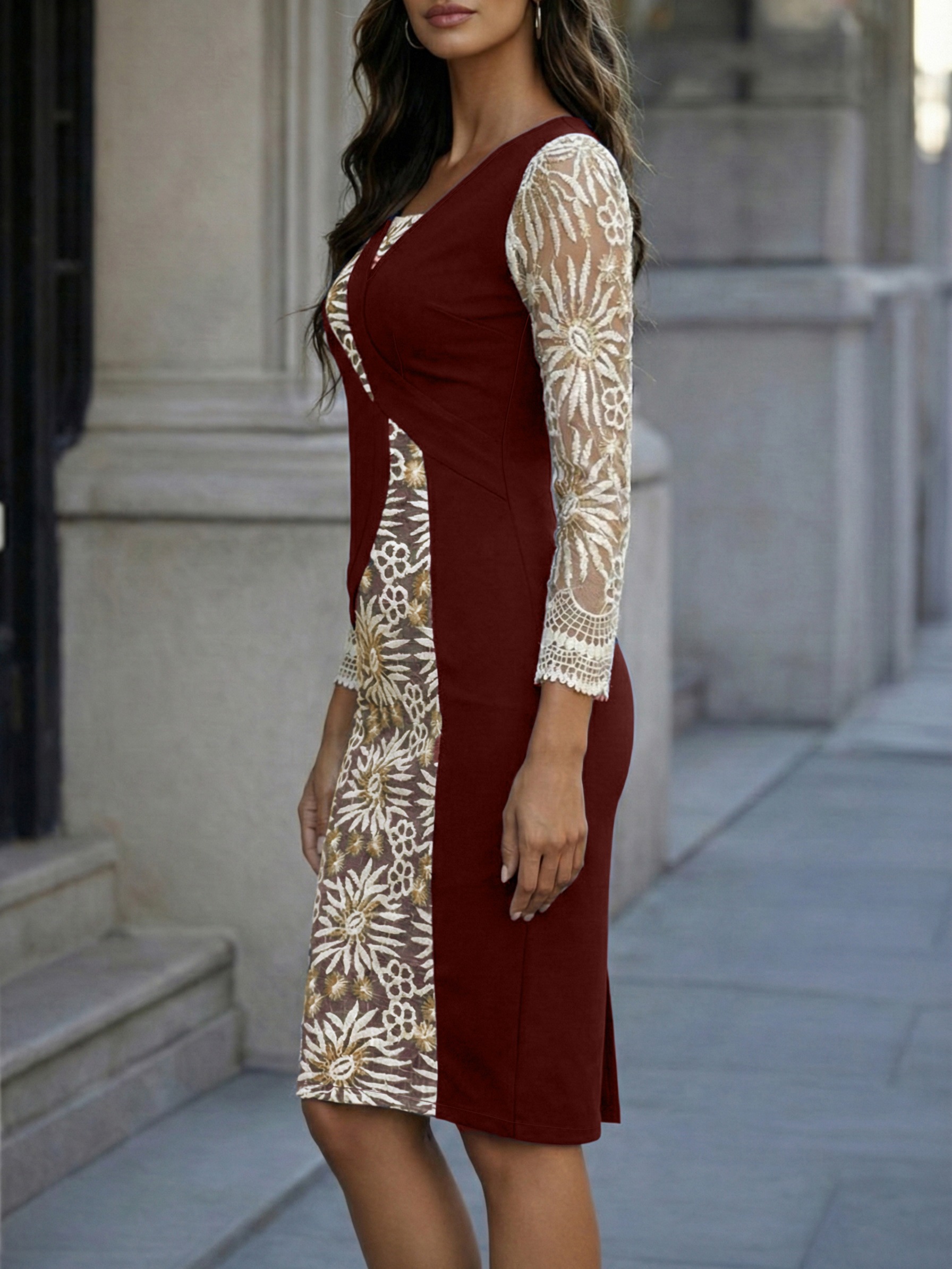 elegant casual midi pencil dress women square neck color - Temu Kuwait