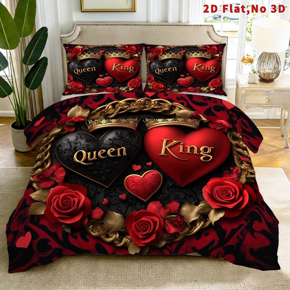 TEMU 2d Flat 2/3pcs Royalty Themed Duvet Cover Set Romantic Heart Rose Bedding Crown Embellished Bed Cover Set Breathable And Stylish Printed Bedding