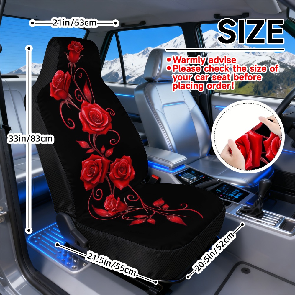 TEMU 2d Flat Printing, 2pcs Car Seat Covers Front Seat, Seat Upholstery Covers, Elegant Red Roses Print, , Machine Washable, Compatible With Most,