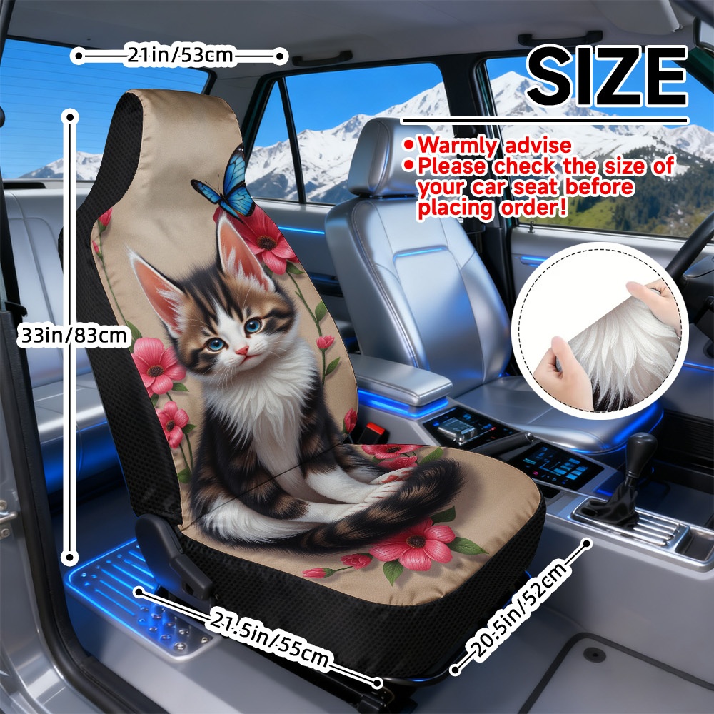 TEMU 2d Flat Printing, 2pcs Car Seat Covers , Durable Car Seat Covers, Soft Seat Covers, Kitten With Flowers And Print, , Universal Fit Seat Covers,
