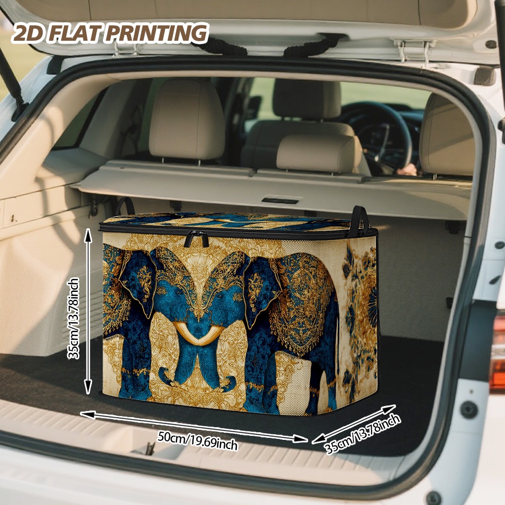TEMU (2d Flat) 1pc Ornate Elephant Duo Lidded Storage Bins, Zippered Foldable Pouch, Large Capacity, Book Storage, Bathroom Organizer, Storage,