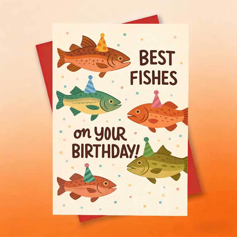 E-shop "Beste Wünsche zum Geburtstag" Grußkarte mit Umschlag | Buntes Partyhut-Fisch-Illustrationsdesign, lustige Geburtstagswünsche im Pun-Stil für