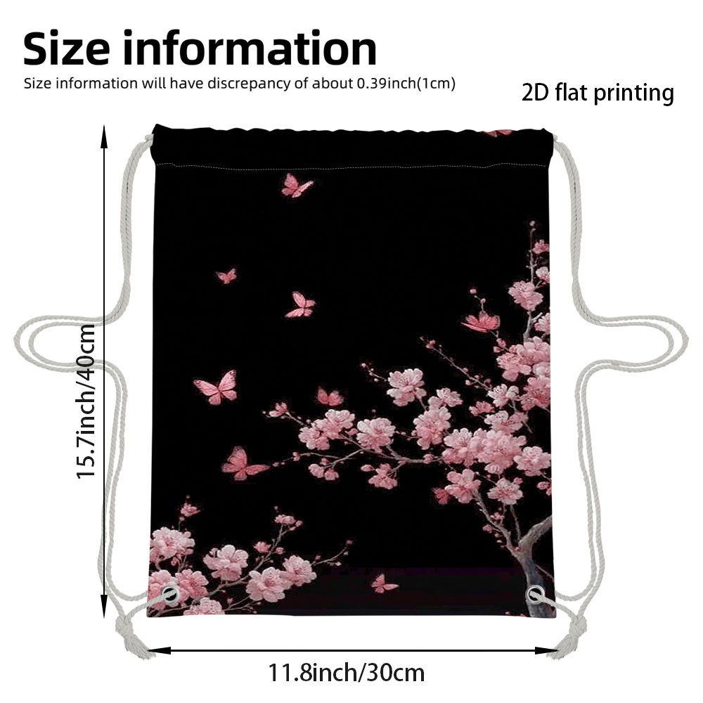 TEMU 1pc 2d Flat Printed Spring Cherry Blossoms Fluttering Print Drawstring Backpack - Spacious Sturdy Fitness Bag With Adjustable Shoulder Strap,