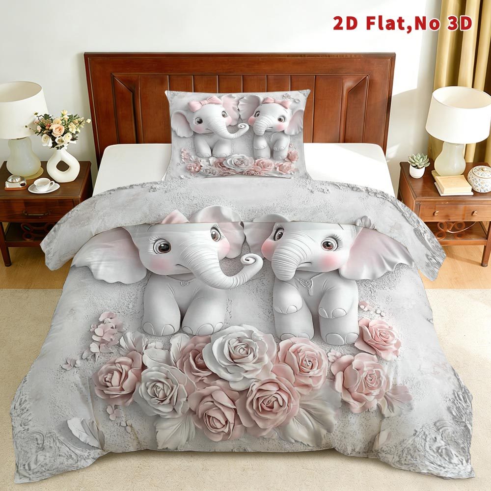 TEMU 2d Flat 2/3pcs Cartoon Duvet Cover Set Elephant Rose Bedding Elegant Bed Cover Set Breathable And Stylish Printed Bedding 1 Duvet Cover And 1/2