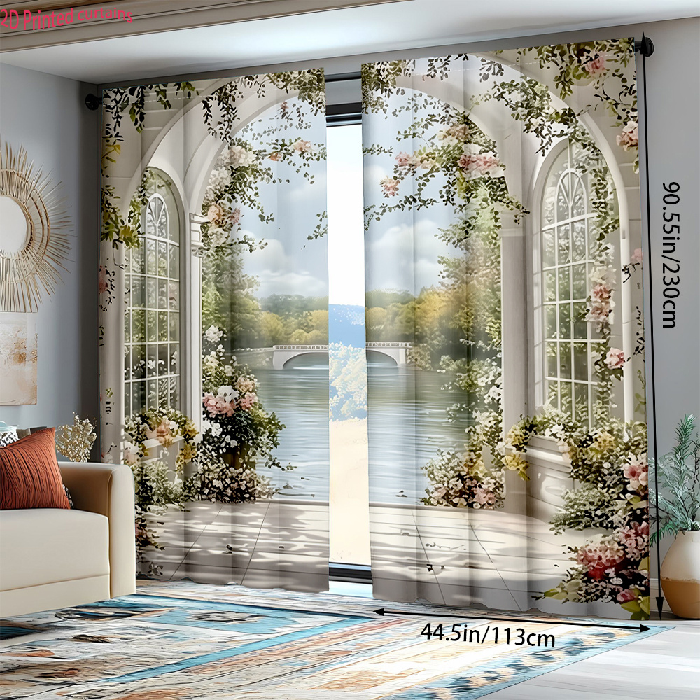 TEMU 2d Flat, 2d Printed 2pcs Floral Arch Landscape Pattern Decorative Curtains, Pocket Curtains For Living Room, Bedroom, Kitchen, Multi-scene Home