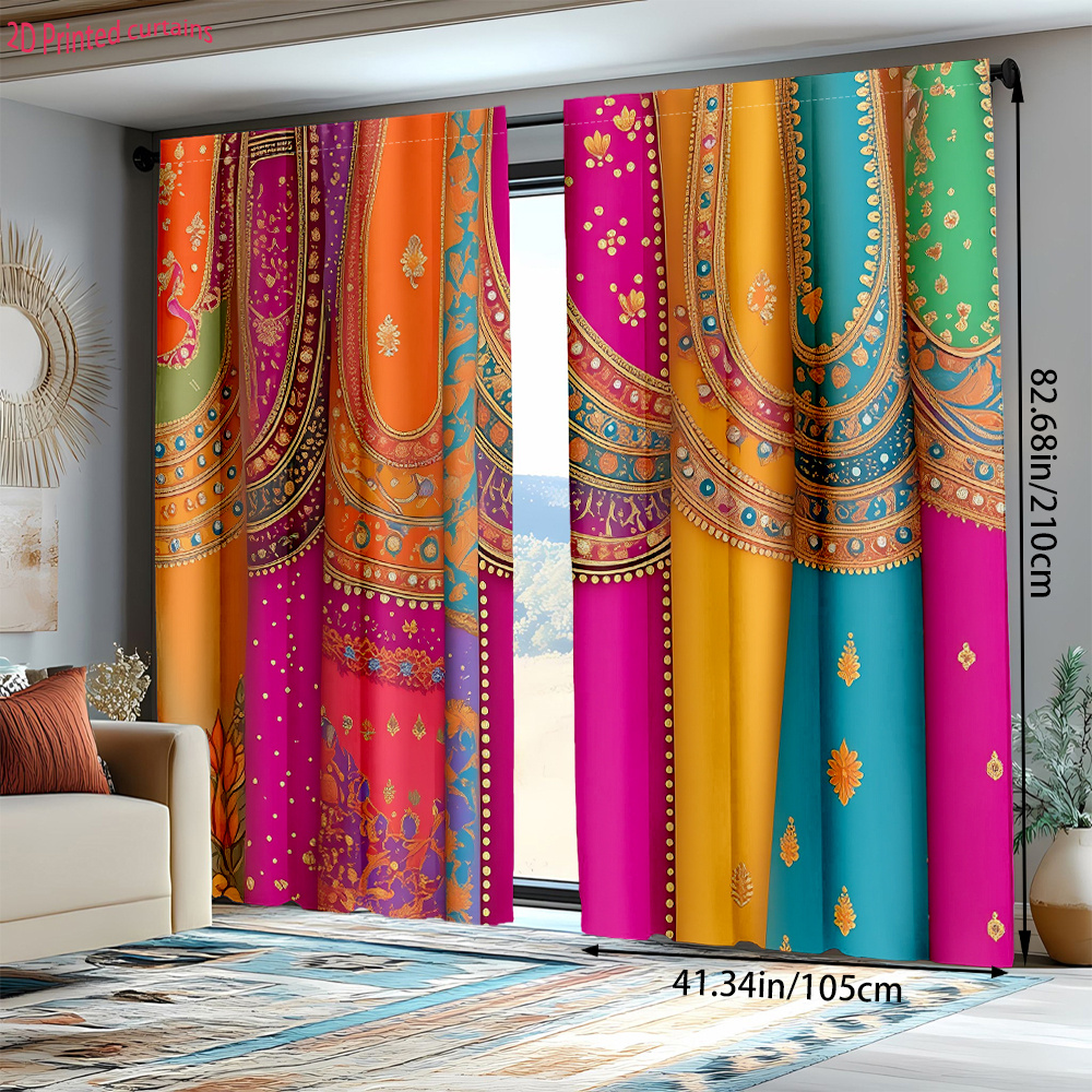 TEMU 2pcs Colorful Printed Fabric Patterns For Curtains, Machine Washable, Suitable For Festive Decoration In Living Rooms And Bedrooms,