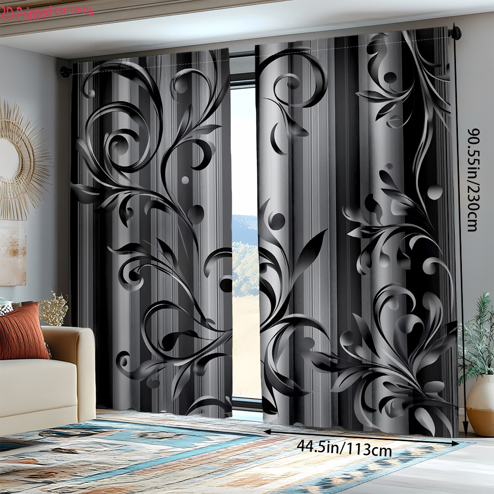 TEMU 2pcs Black And Silver Striped Curtains With Floral Patterns, Machine Washable, Suitable For Festive Decoration In Living Rooms And Bedrooms,
