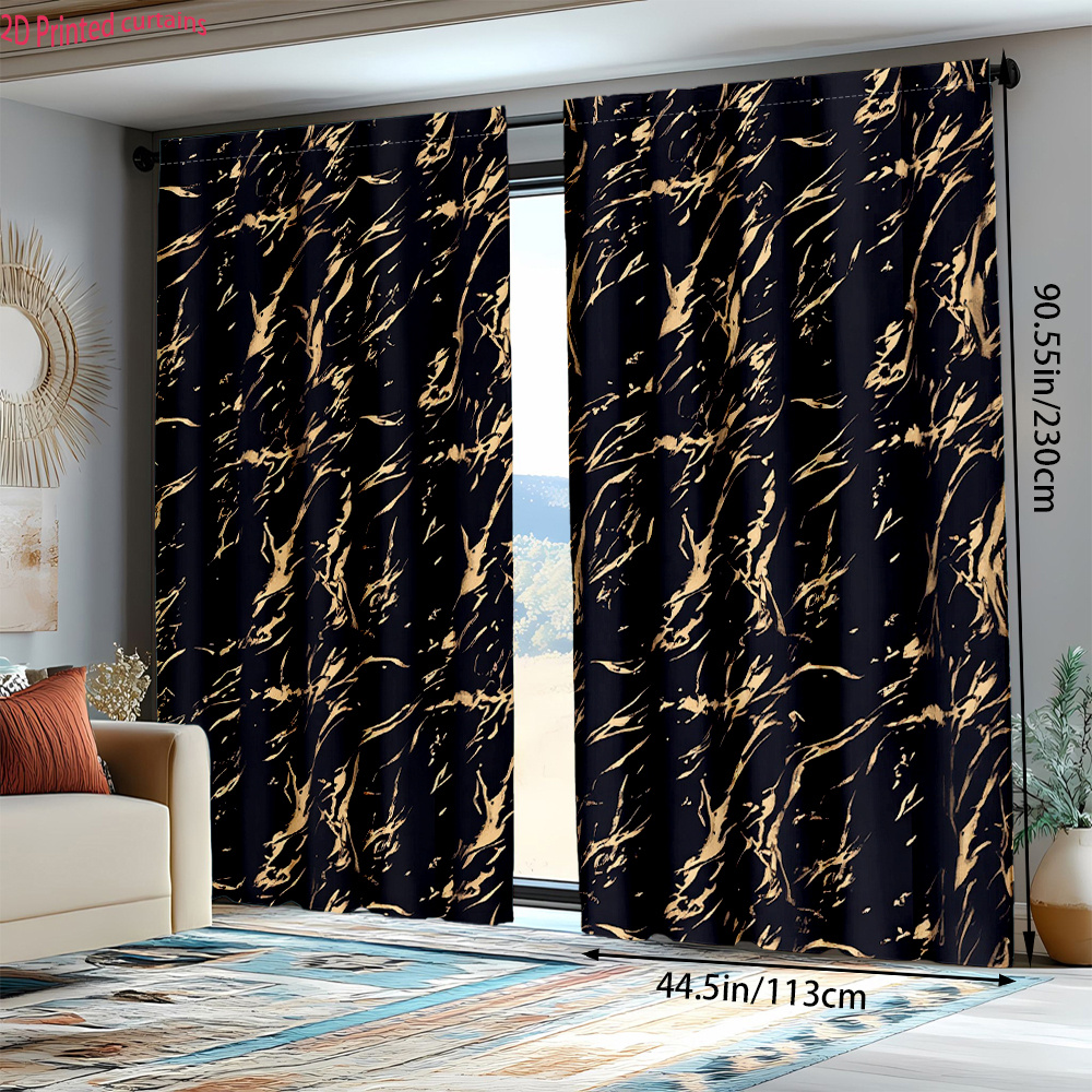TEMU 2d Flat, 2pcs Bohemian Modern Minimalist Semi-sheer Curtains Suitable For Living Room, Bedroom, Kitchen - Pocket Window Panels With Black Golden