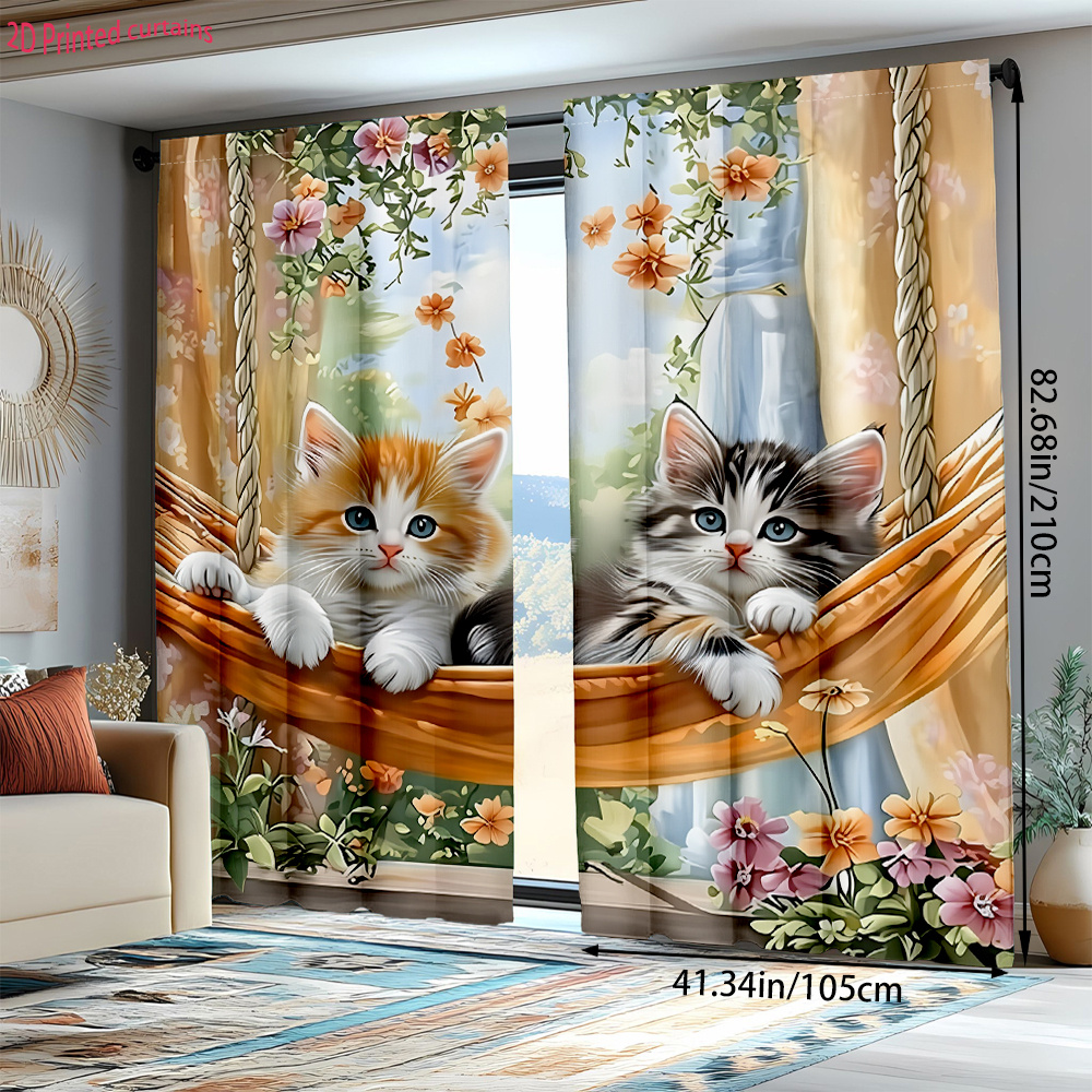 TEMU 2d Flat, 2d Printed 2pcs Cozy Hammock Pattern Decorative Curtains, Suitable For Bedroom, Living Room, Office, And Home Decor, Rod , 2d Flat