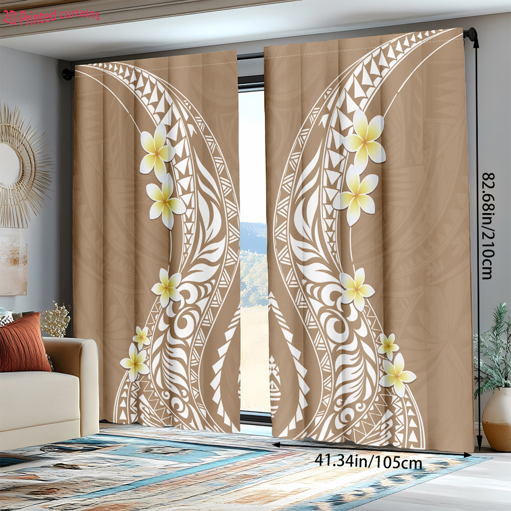 TEMU Ensemble de 2 rideaux imprimés 2D à floraux polynésiens et , adaptés à toutes les pièces et , rideaux décoratifs, décoration de fête, 2D plat