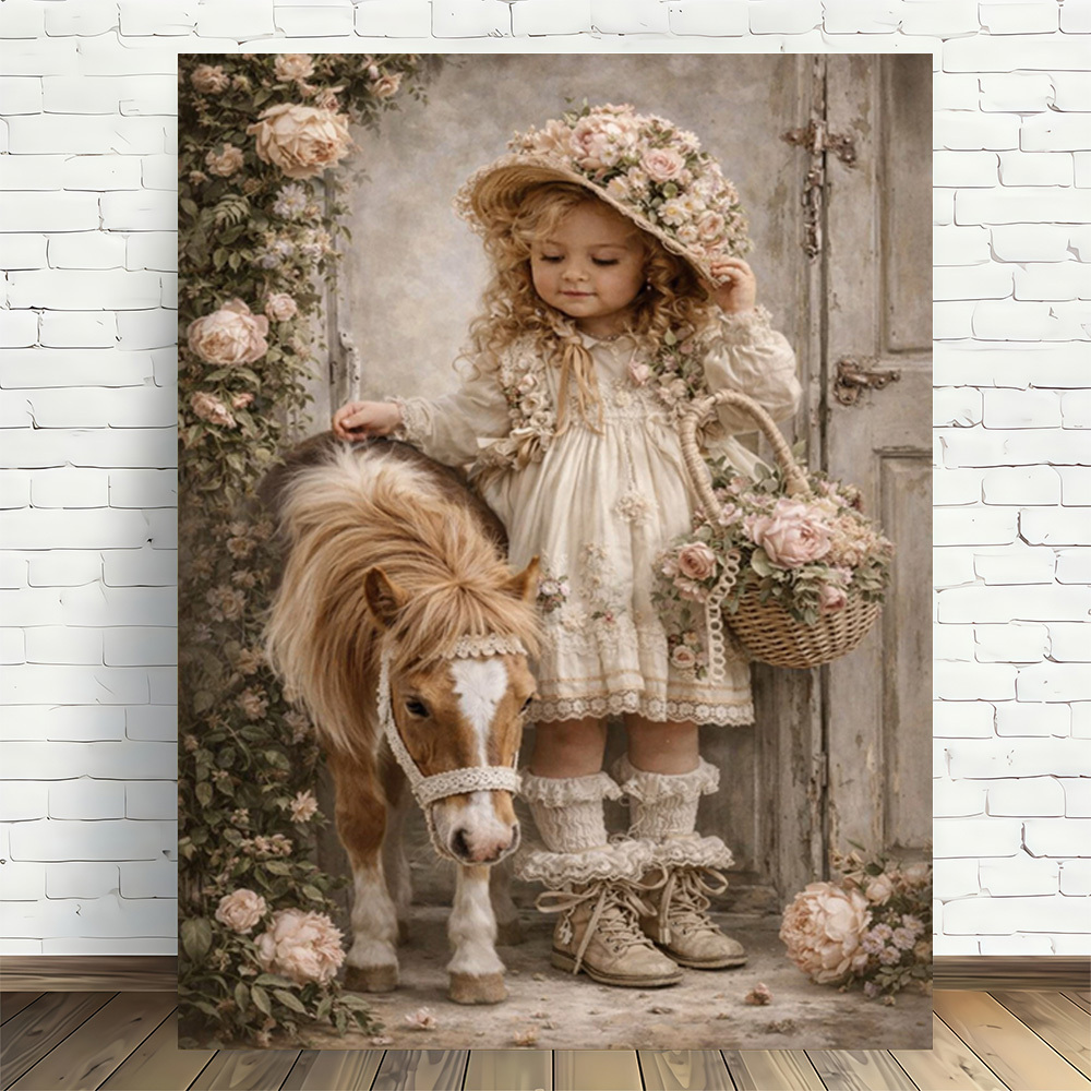 TEMU 2d Flat, 2d Flat, 2d Flat A Single Piece Of Vintage-style 2d Flat Canvas Art Featuring A Girl With A Pony, Perfect For Modern Retro Decor. This