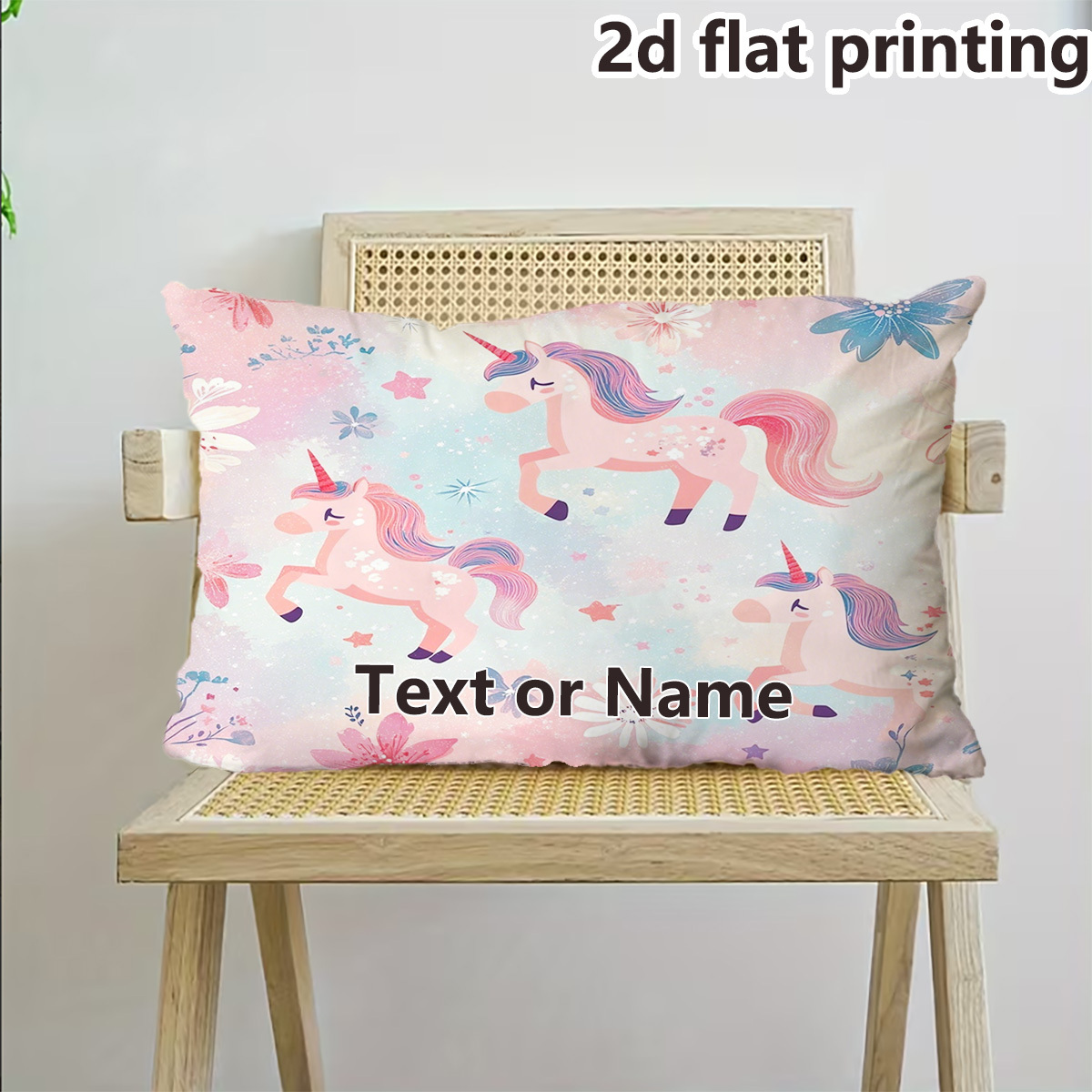 TEMU [custom] 1pc Custom Text & Name, Unicorn And Floral Print Throw Pillow Covers, Double-sided Prints Featuring And Blossoms On Pastel Background,