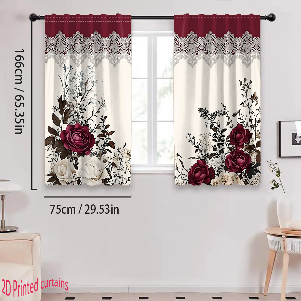 TEMU 2d Printed Floral Lace Pattern Curtains, 2pcs, Suitable For Bedroom, Living Room, Office, And Home Decor, Featuring A Rod