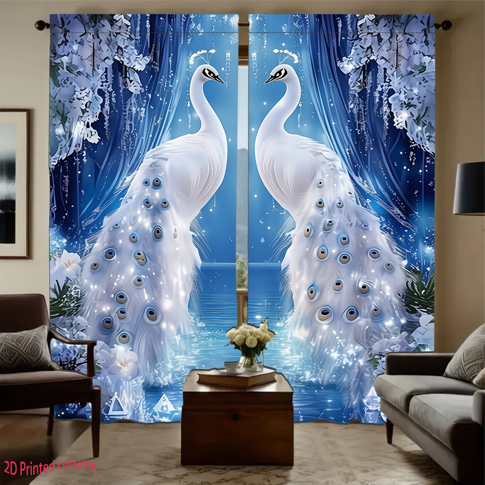TEMU 2d Flat, 2d Printed 2pcs Peacock Pattern Decorative Curtains, Suitable For Bedroom, Living Room, Office And Home Decor, Rod , 2d Flat