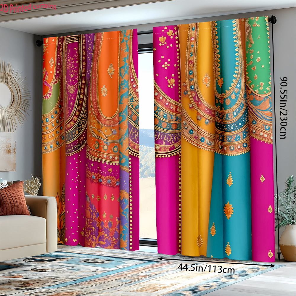 TEMU 2pcs de tissu imprimés colorés pour rideaux, lavables en machine, adaptés à la décoration festive dans les salons et , semi-transparents, avec à